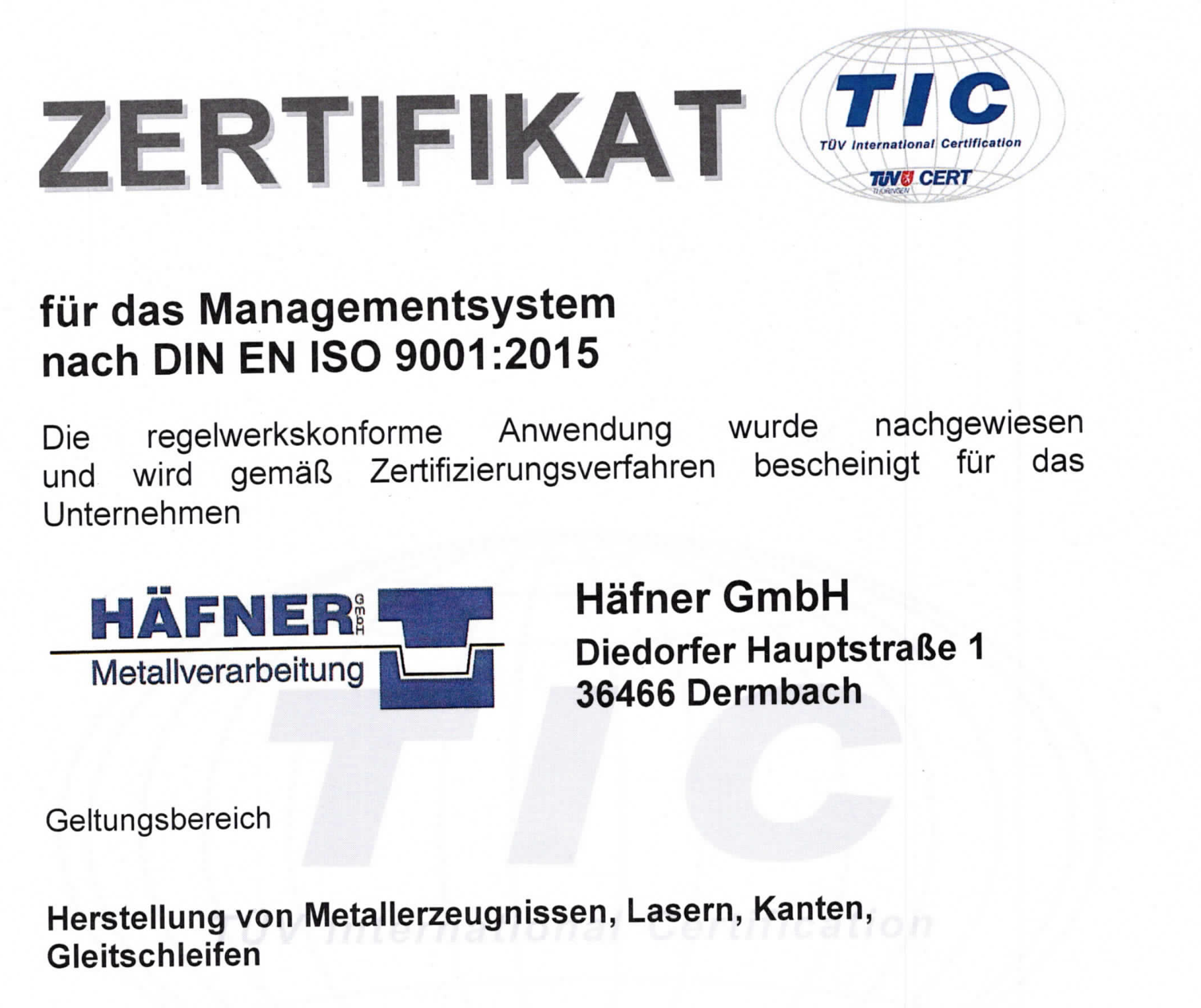 Zertifikat ISO 9001:2015 Häfner GmbH in Diedorf/Rhön